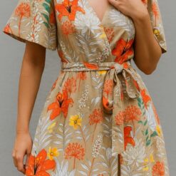 Bež izgled lana - tropski uzorak, lagana ljetna tkanina